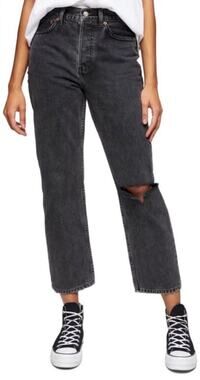 TOPSHOP Chicago High Waisted Ripped Knee Dad Jeans Washed Black 30